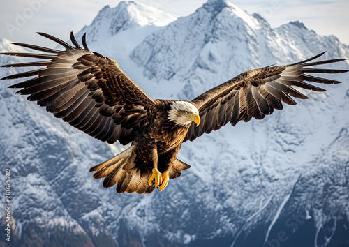 A large eagle is flying over a snowy mountain. The eagle is majestic and powerful, soaring high above the snow-covered peaks. Concept of freedom and awe, as the eagle effortlessly navigates the sky
