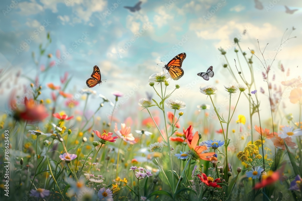 Obraz premium Untamed beauty of a wildflower haven in full bloom, where dainty blossoms sway in the wind and butterflies flit from flower to flower 