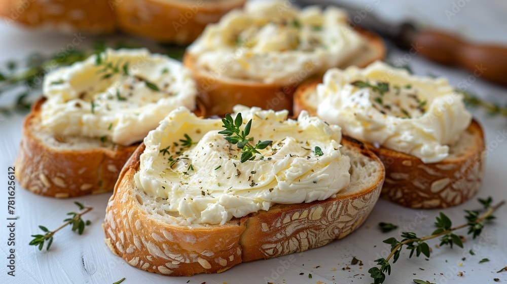 White bread with cream cheese and herbs on it with white background. Generated by artificial intelligence. White bread with cream cheese and herbs on it with white background. Generated by artificial intelligence.