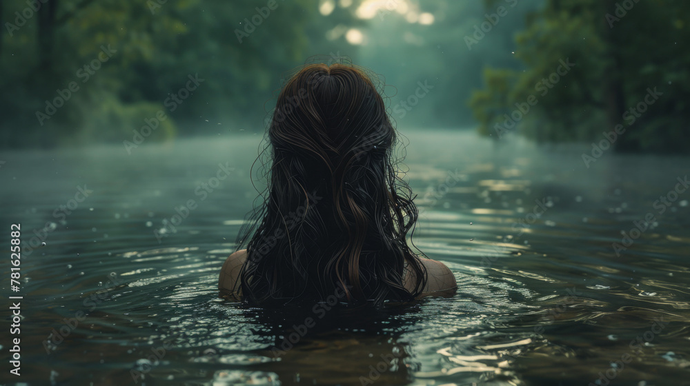 Brunette with long hair in a lake. Brunette with long hair in a lake.