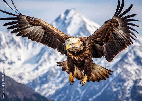 A large eagle is flying over a snowy mountain. The eagle is majestic and powerful  soaring high above the snow-covered peaks. Concept of freedom and awe  as the eagle effortlessly navigates the sky