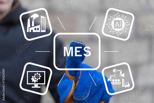 Engineer using virtual touch screen presses abbreviation: MES. MES - Manufacturing Execution System concept. Manufacturing Execution System Automation Robotics Technology. photo