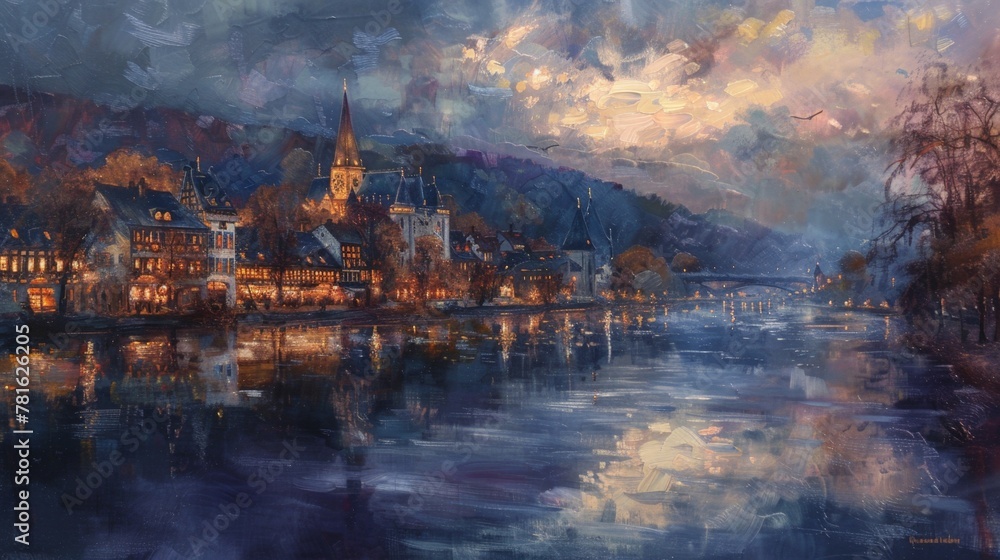 River scene with church and water River scene with church and water