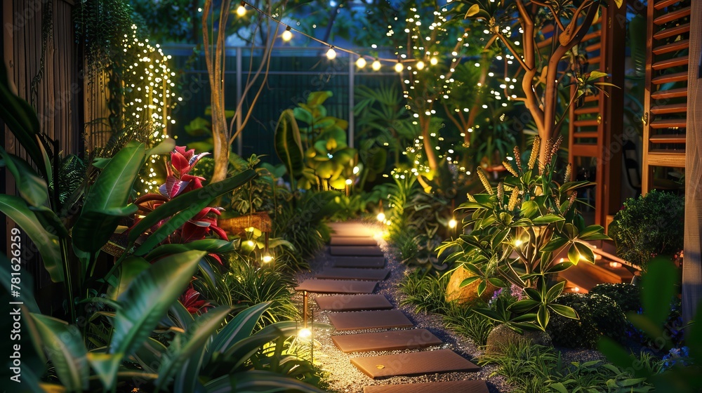 Create a bright and inviting backyard garden by illuminating it with lights. Showcase the beauty of your plants with night lighting, creating a magical atmosphere. Create a bright and inviting backyard garden by illuminating it with lights. Showcase the beauty of your plants with night lighting, creating a magical atmosphere.