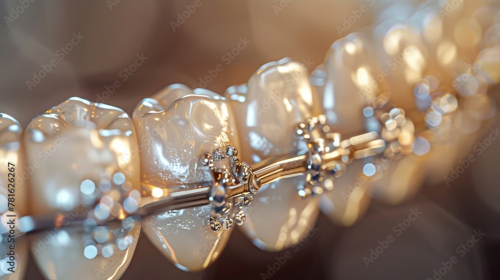 Close-up view of dental braces on teeth with detailed precision Close-up view of dental braces on teeth with detailed precision