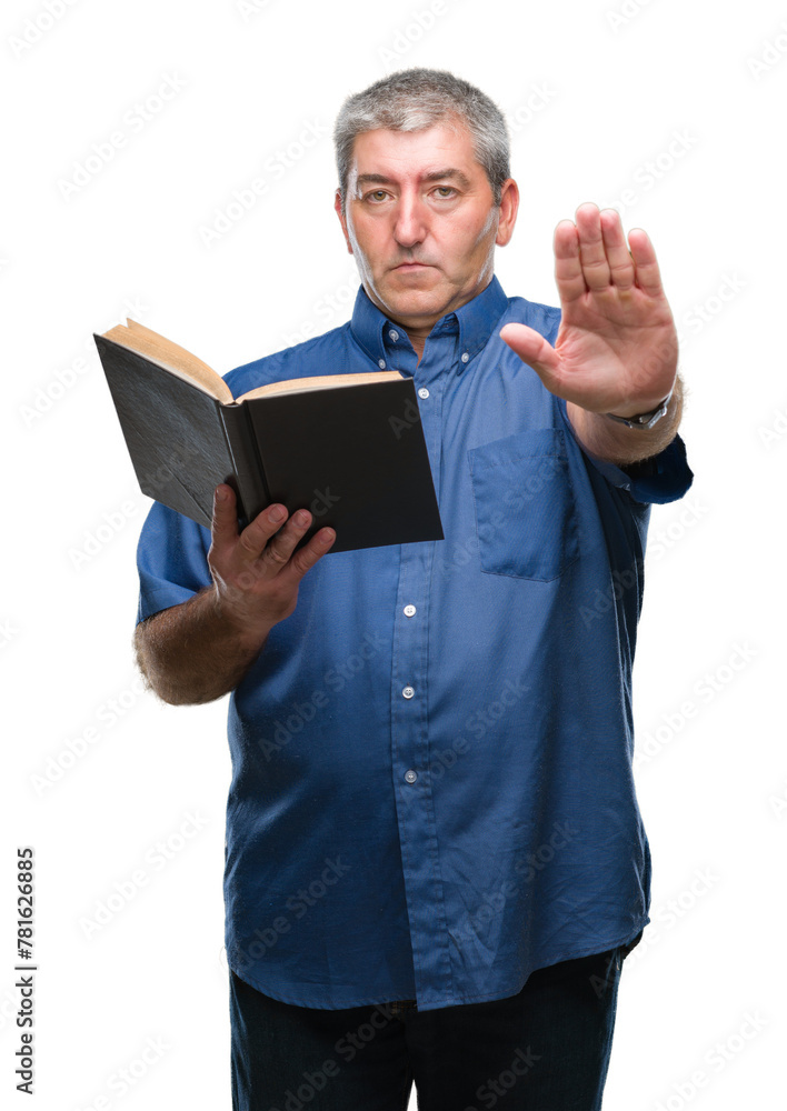 Handsome senior teacher man reading a book over isolated background with open hand doing stop sign with serious and confident expression, defense gesture Handsome senior teacher man reading a book over isolated background with open hand doing stop sign with serious and confident expression, defense gesture