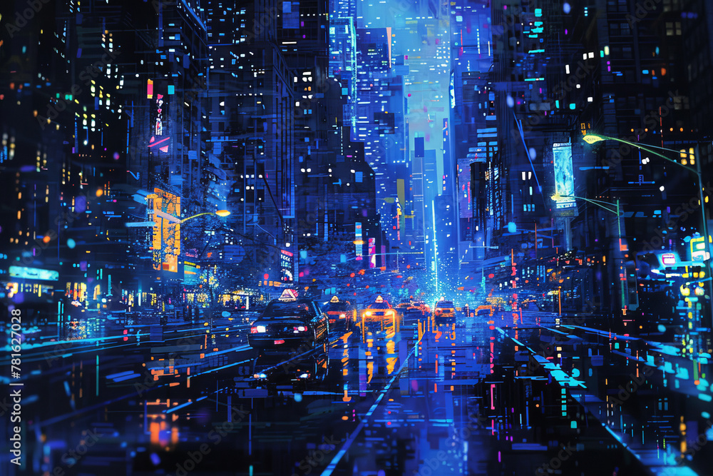 Night cityscape in pointillism, vivid blue and pink lights, dynamic traffic.