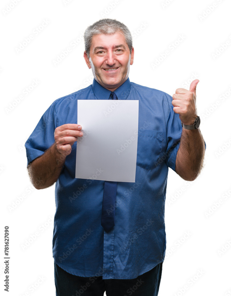 Handsome senior man holding blank sheet paper over isolated background pointing and showing with thumb up to the side with happy face smiling Handsome senior man holding blank sheet paper over isolated background pointing and showing with thumb up to the side with happy face smiling