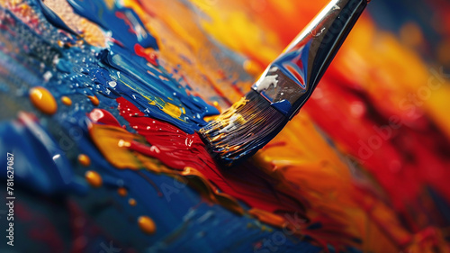 Dynamic shot of a paintbrush flicking droplets of paint onto a canvas, creating a vibrant abstract pattern.