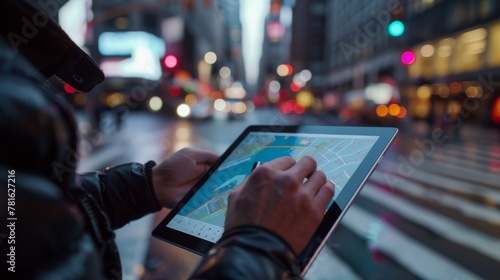 Courier navigating with a tablet on busy city streets at night