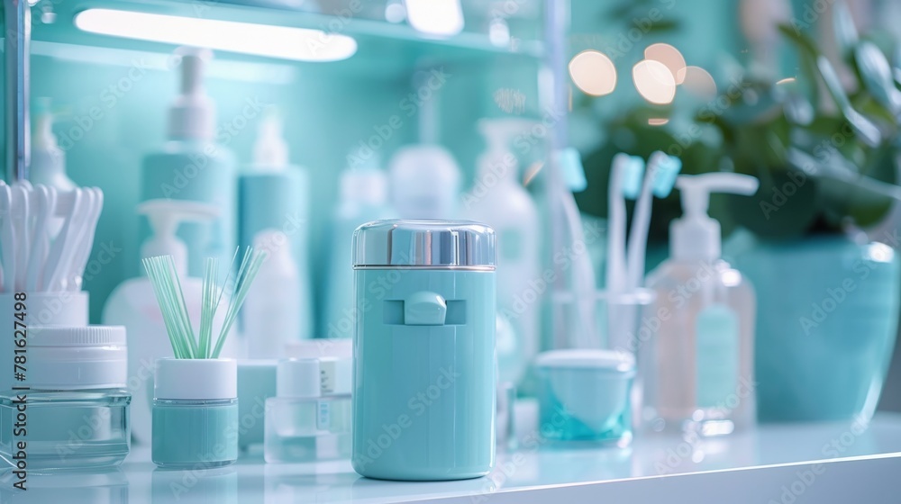 Close-up of a dental floss dispenser among various bathroom products with a modern aesthetic Close-up of a dental floss dispenser among various bathroom products with a modern aesthetic