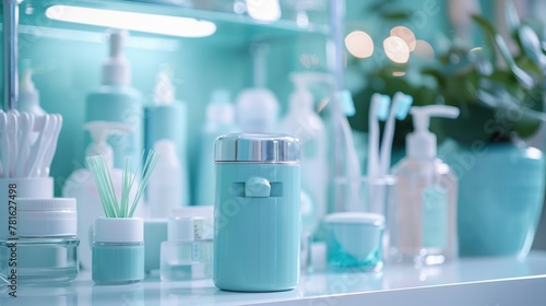 Close-up of a dental floss dispenser among various bathroom products with a modern aesthetic