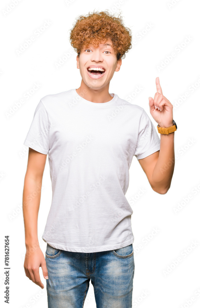 Young handsome man with afro hair wearing casual white t-shirt pointing finger up with successful idea. Exited and happy. Number one. Young handsome man with afro hair wearing casual white t-shirt pointing finger up with successful idea. Exited and happy. Number one.