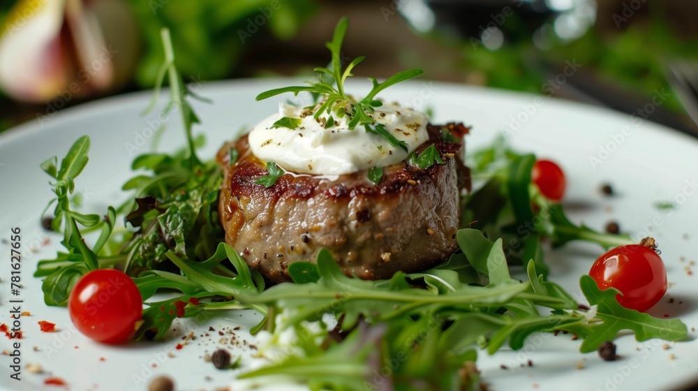 Filet Tenderlpin alongside arugula salad with white bechamel sauce cream on top. Steack, restoraunt, meat. Generated by artificial intelligence. Filet Tenderlpin alongside arugula salad with white bechamel sauce cream on top. Steack, restoraunt, meat. Generated by artificial intelligence.