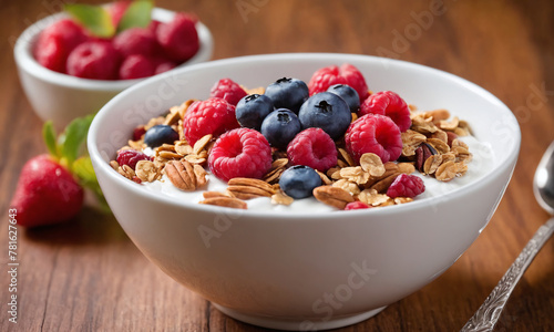 A bowl filled with crunchy granola with fresh raspberries and sliced almonds is a healthy and nutritious breakfast or snack option.