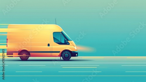 A cartoonish delivery truck speeding, denoting fast shipping, on a minimalist, bright background with text space © Thann