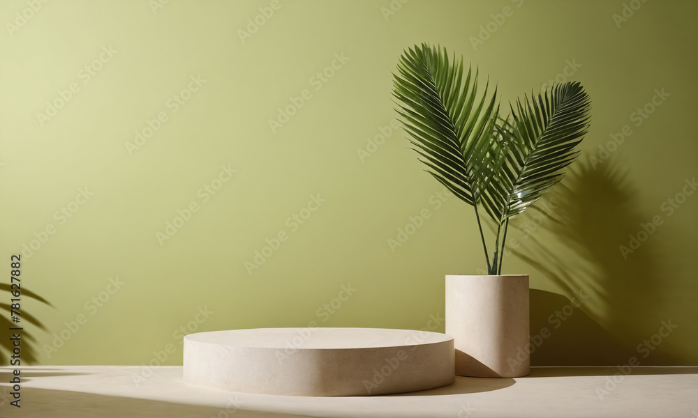 The interior presents a modern minimalist composition with a potted palm tree. Beige round podium complements warm olive-green background.