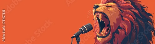 A cartoon lion roaring into a microphone, depicting commanding social media campaigns, isolated background, text space photo