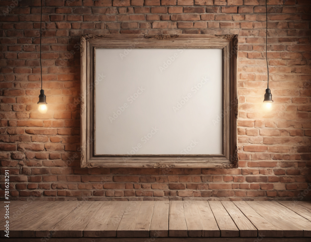 There is a lone empty picture frame hanging on a brick wall. The frame does not contain any artwork or photographs, serving only as a decorative element against the textured wall. There is a lone empty picture frame hanging on a brick wall. The frame does not contain any artwork or photographs, serving only as a decorative element against the textured wall.