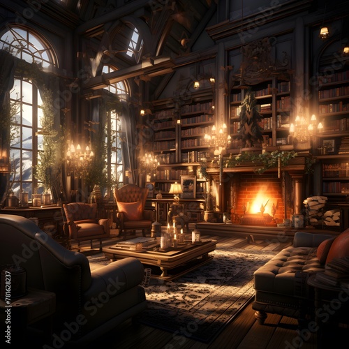 Interior of an old house with fireplace. 3D rendering.