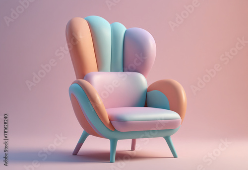 A brightly coloured armchair chair stands on a monotone pink background, creating a striking contrast. The chair has shades of blue, yellow, green and red, adding vibrant colours to the setting. 