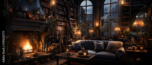 Luxury living room with fireplace, sofa and bookshelf