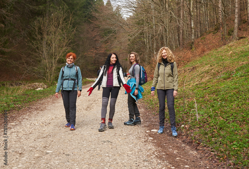 Women hikers with backpacks in the mountains