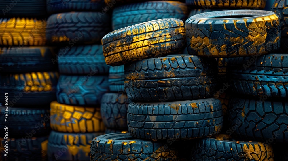 Black and yellow tires on blue background, Stack of new tires Black and yellow tires on blue background, Stack of new tires