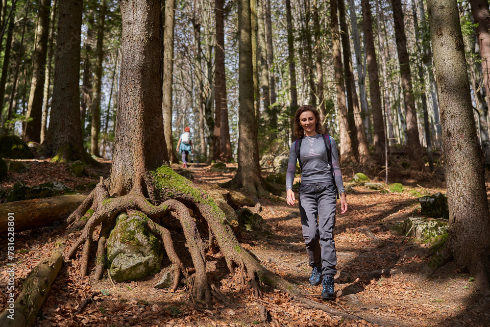 Naklejka premium Women hikers with backpacks in the mountains