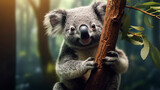 A koala is sitting on a tree branch. The koala is looking at the camera and he is smiling