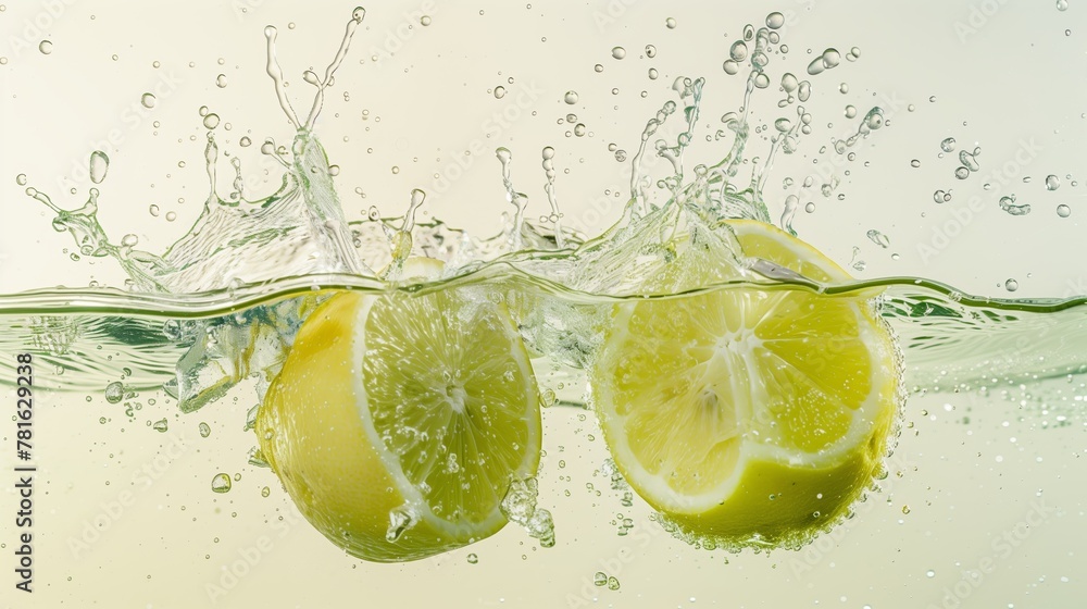 Green lemons halves colliding on the water. Water splash, white background, food photography. Generated by artificial intelligence. Green lemons halves colliding on the water. Water splash, white background, food photography. Generated by artificial intelligence.
