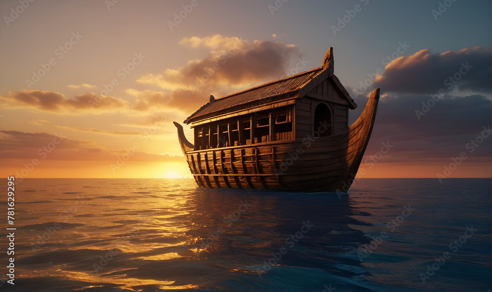 An ancient wooden ship sails the waves. An ancient wooden ship sails the waves.