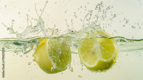 Green lemons halves colliding on the water. Water splash  white background  food photography. Generated by artificial intelligence.