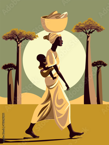 African woman in traditional dress with a baby on her back and a vessel on her head.	Handmade drawing vector illustration. Retro style poster.