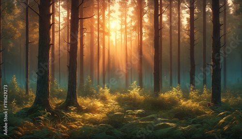 A forest with sunlight streaming through the trees  creating a beautiful and serene atmosphere.