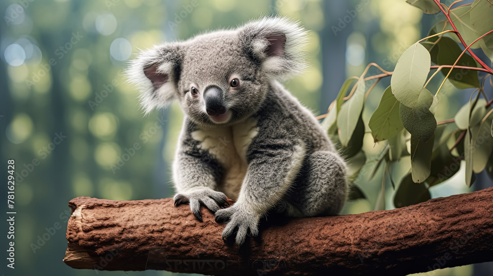 Naklejka premium A koala is sitting on a tree branch. The koala is looking at the camera and he is smiling