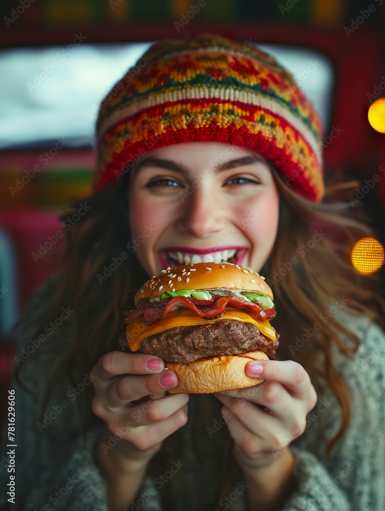 Commercial burger bliss captured with a gleeful woman, fresh cheeseburger, and dynamic flying veggies on a warm background Commercial burger bliss captured with a gleeful woman, fresh cheeseburger, and dynamic flying veggies on a warm background