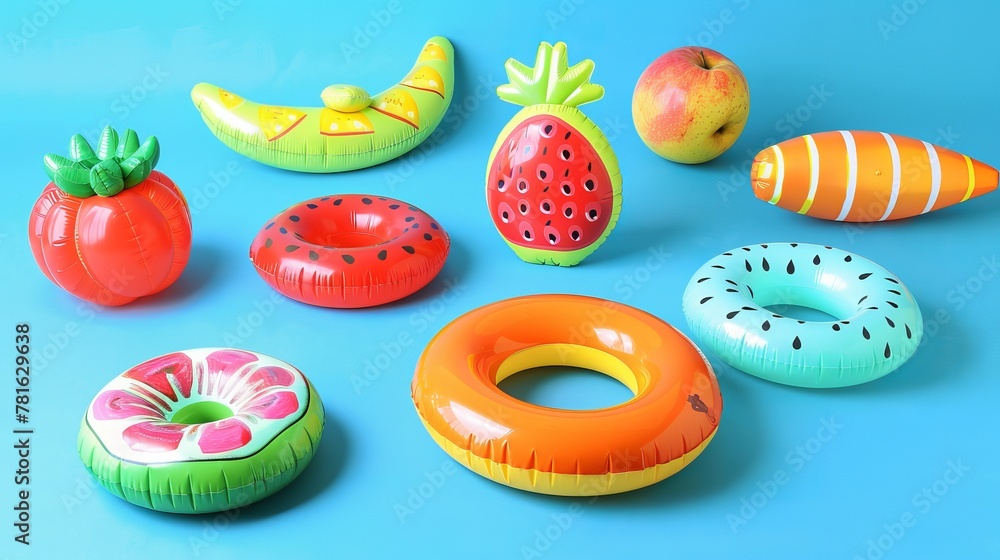 Fun pool floats for summer parties! These include a beach ball, fruit-shaped floating beds, and swimming rings, all set against a blue background.