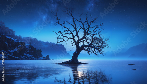 A lone tree standing in the middle of a large body of water, such as a lake or ocean, with a clear night sky in the background. © Aleksei Solovev