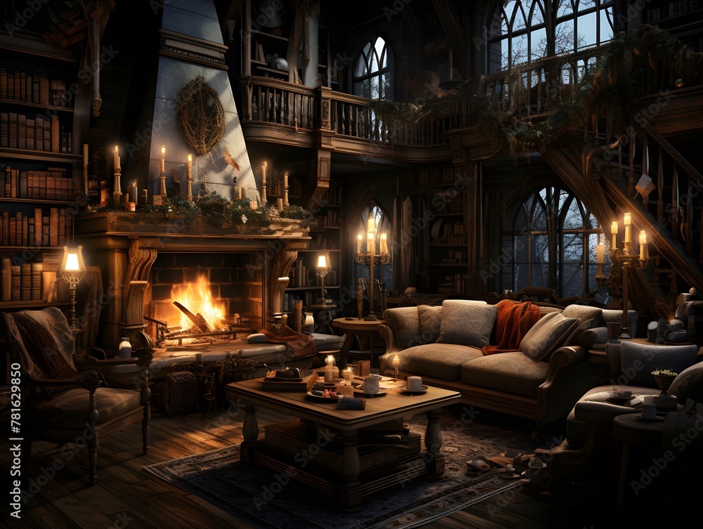 Interior of a living room with a fireplace and a bookcase