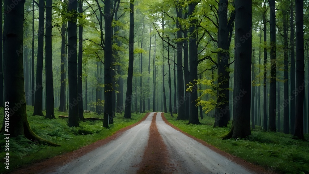 Naklejka premium : Exploring Forest Roads Amidst Colorful Leaves and Trees.