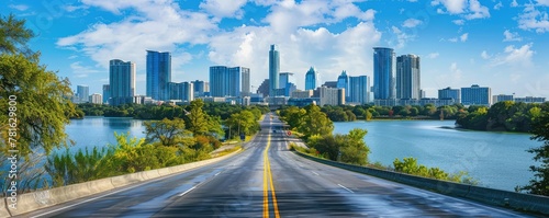 A view of a road highway with lake and park with many flowers around . Beautiful landscape views.