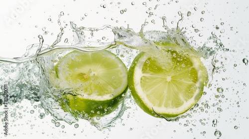 Green lemons halves colliding on the water. Water splash, white background, food photography. Generated by artificial intelligence.