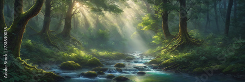 Serene day in the deep green forest: sunlight peeking through lush trees over a babbling stream with mossy rocks
