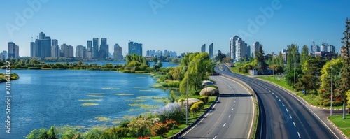 A view of a road highway with lake and park with many flowers around . Beautiful landscape views.