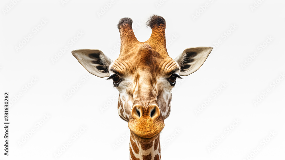 A giraffe with its head turned to the side. The giraffe is looking at the camera