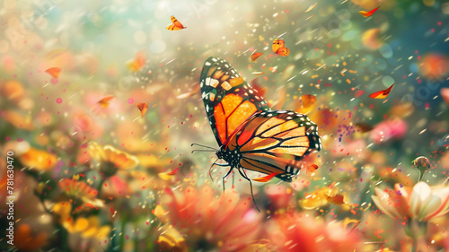 High-speed capture of a butterfly in mid-flight, surrounded by a flurry of colorful flowers, conveying a sense of vitality.