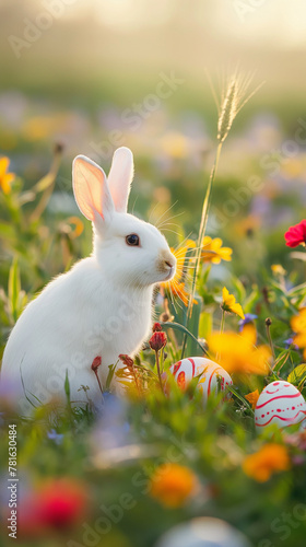 White rabbit with Easter eggs in a field of flowers at sunset