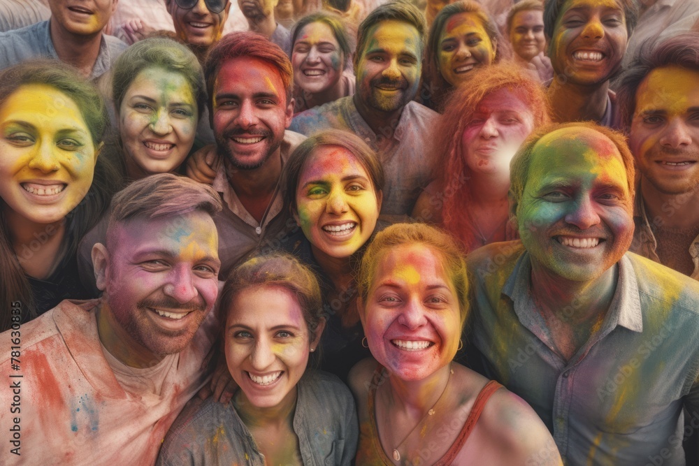 Group of vibrant people covered in Holi powder smiling at the camera
