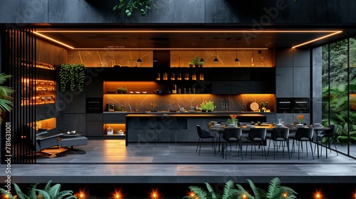 Ultra modern kitchen, with cool lights and modern interior with plants.